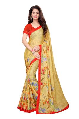Yellow printed georgette saree with blouse 1