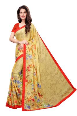 Yellow printed georgette saree with blouse 2