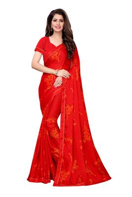 Orange printed georgette saree with blouse 1