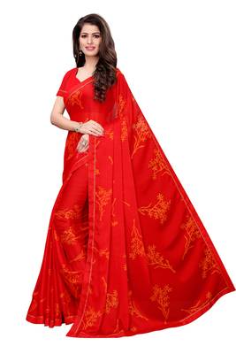 Orange printed georgette saree with blouse 2