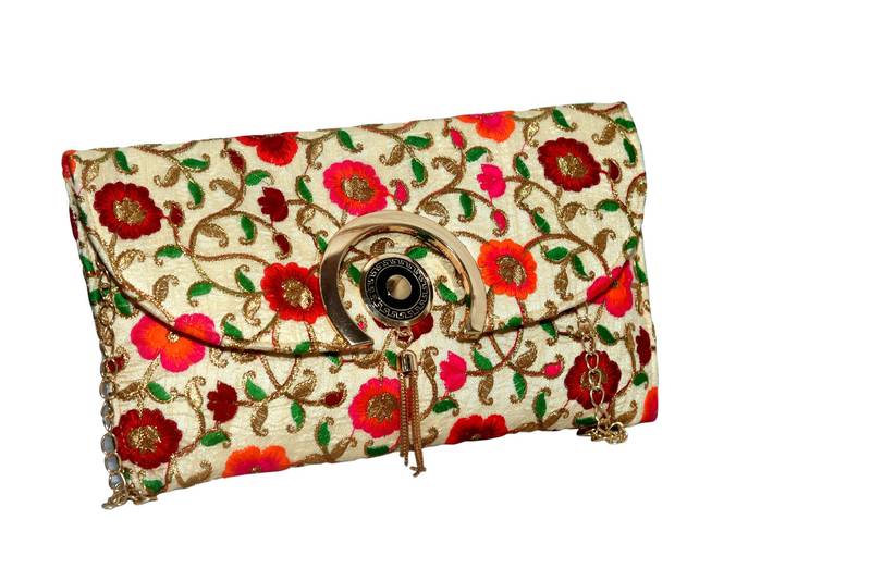 Raw Silk Made Multi Color Clutch With Embroidery Work