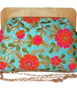 Raw Silk Made Blue Color Clutch With Multi Color Embroidery Work