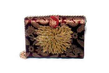 Banarasi Silk & Jute Made Maroon Color Clutch With Hand Zari, Embroidery & Stone Embellishemnt Work 1