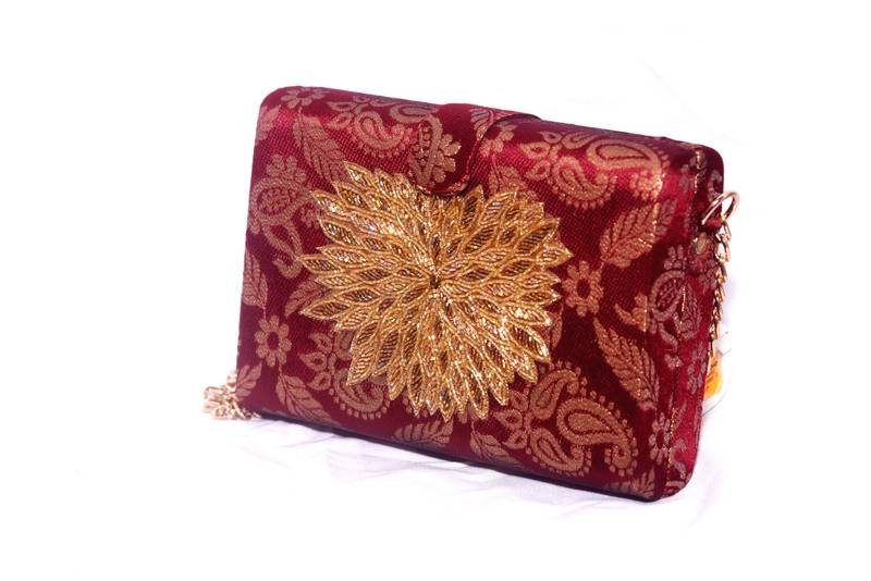 Banarasi Silk & Jute Made Maroon Color Clutch With Hand Zari, Embroidery & Stone Embellishemnt Work