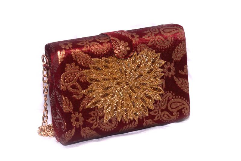 Banarasi Silk & Jute Made Maroon Color Clutch With Hand Zari, Embroidery & Stone Embellishemnt Work