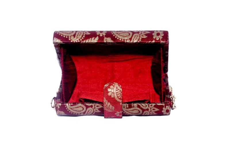 Banarasi Silk & Jute Made Maroon Color Clutch With Hand Zari, Embroidery & Stone Embellishemnt Work