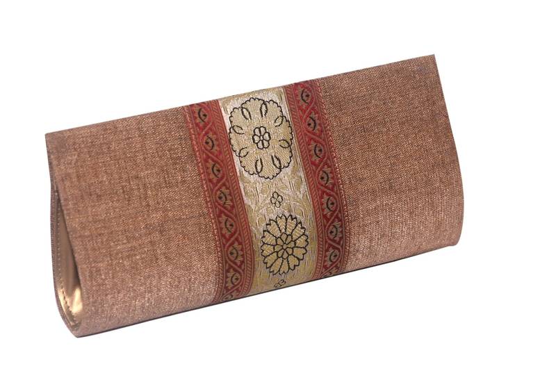 Jute & Banarasi Silk Made Beige Color Clutch With Banarsi Silk Design Fabric