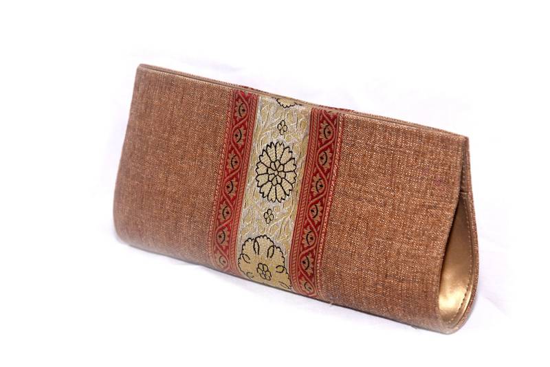 Jute & Banarasi Silk Made Beige Color Clutch With Banarsi Silk Design Fabric