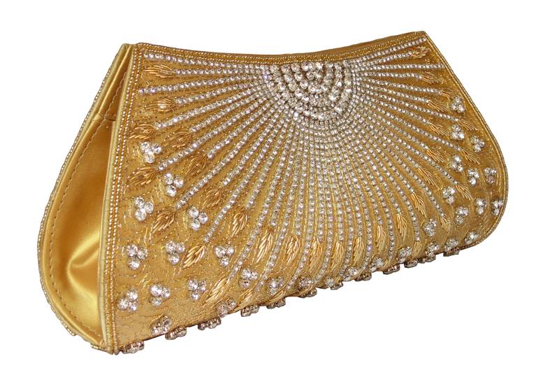 Satin Silk Made Golden Clutch With Hand Zari & Hand Embroidery