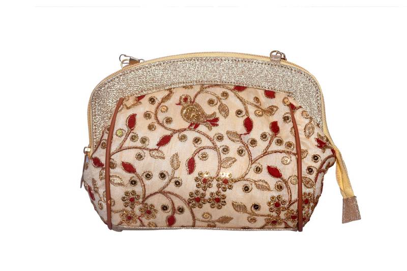 Fibre Border & Silk Made Gold Color Clutch With Embroidery Work