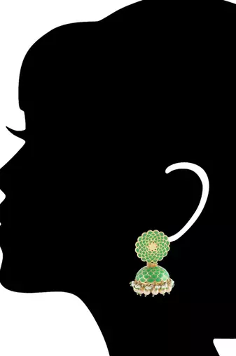 Parrot Green Handpainted Meenakari Earrings With Pearl Hangings