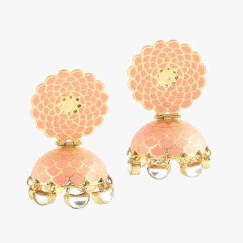 Peach Handpainted Meenakari Earrings With Kundan Droplets 1