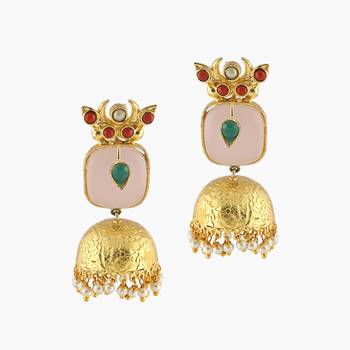 Tribal Peach Stone And Gold Finish Earrings 1
