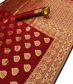 Red Jacquard Cotton Printed Saree With Blouse