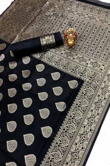 Black Jacquard Cotton Printed Saree With Blouse