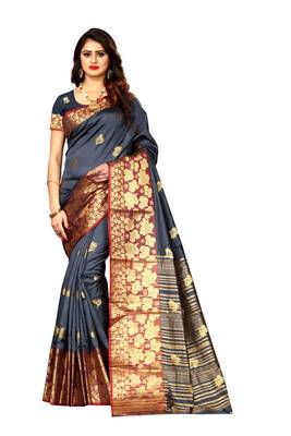 Grey woven silk blend saree with blouse 1