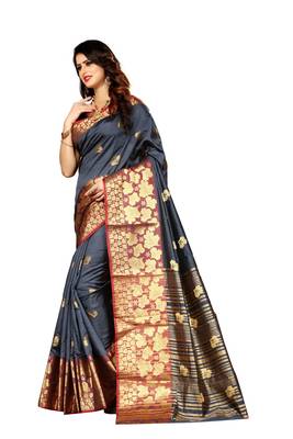 Grey woven silk blend saree with blouse 2