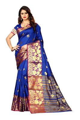 Royal blue woven silk blend saree with blouse 1