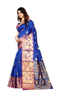 Royal blue woven silk blend saree with blouse 2