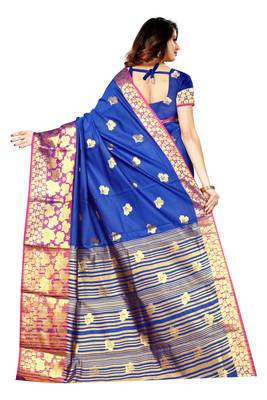Royal blue woven silk blend saree with blouse 3