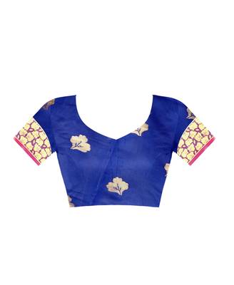 Royal blue woven silk blend saree with blouse 4