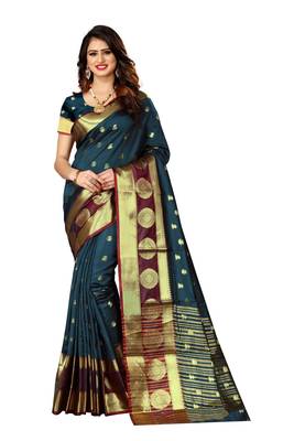 Grey woven silk blend saree with blouse 1