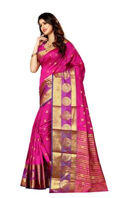 Rani pink woven silk blend saree with blouse 2