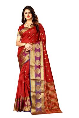 Red woven silk blend saree with blouse 1