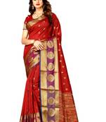 Red woven silk blend saree with blouse
