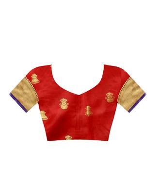 Red woven silk blend saree with blouse 4