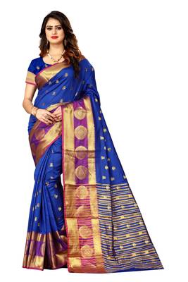 Royal blue woven silk saree with blouse 1