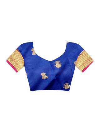 Royal blue woven silk saree with blouse 4