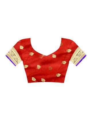 Red woven silk saree with blouse 4