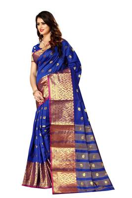 Royal blue woven silk saree with blouse 2