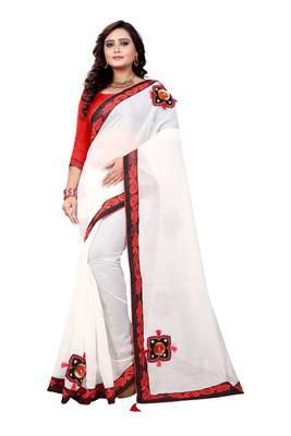 White
 plain chanderi saree with blouse 1