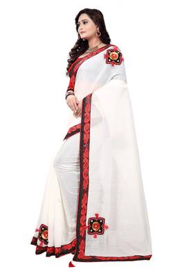 White
 plain chanderi saree with blouse 3