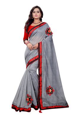 Grey
 plain chanderi saree with blouse 1