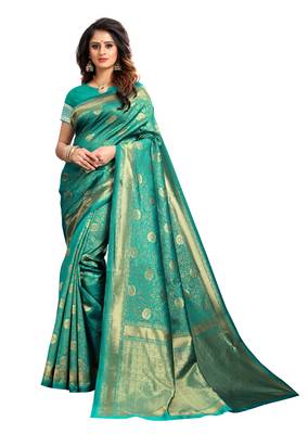 Turquoise woven banarasi saree with blouse 1