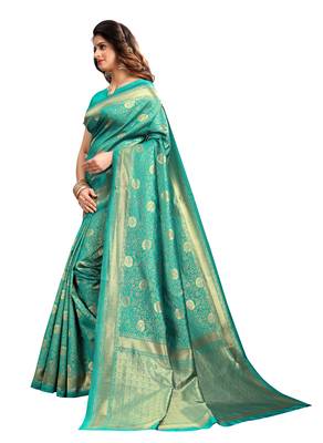 Turquoise woven banarasi saree with blouse 2