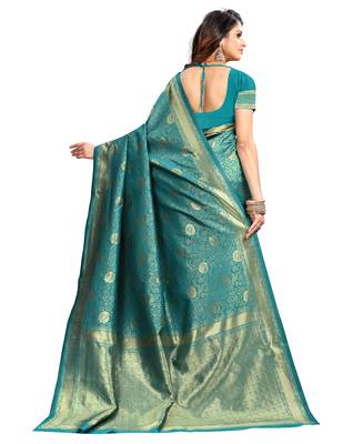 Turquoise woven banarasi saree with blouse 3