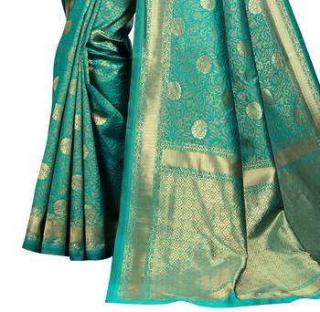 Turquoise woven banarasi saree with blouse 4