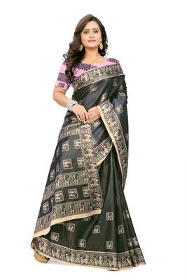 Grey Printed Satin Saree With Blouse 3