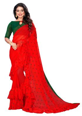 Red embroidered georgette saree with blouse 1