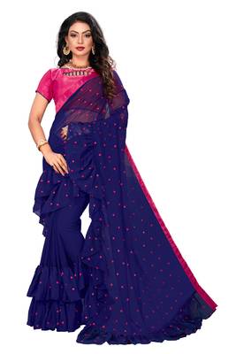 Blue embroidered georgette saree with blouse 1