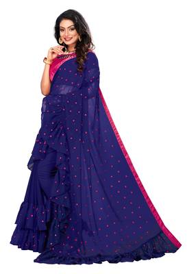 Blue embroidered georgette saree with blouse 2