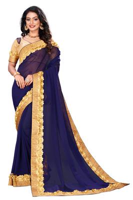Blue embroidered georgette saree with blouse 1