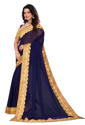 Blue embroidered georgette saree with blouse 2