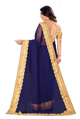 Blue embroidered georgette saree with blouse 3