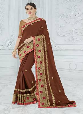 Brown embroidered chiffon saree with blouse 1