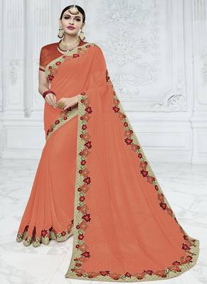 Orange embroidered georgette saree with blouse 1